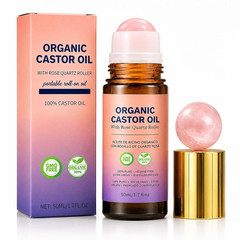 Organic Castor Oil Roll-On with Rose Quartz Roller, 100% Pure Cold-Pressed Casto