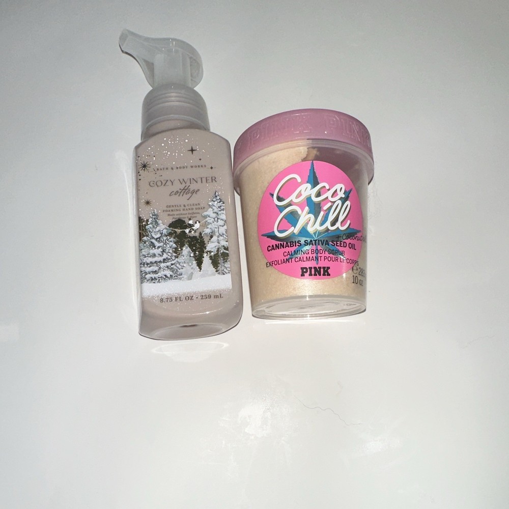 PINK Coco Chill Calming Body Scrub 10oz & Bath & Body Works Cozy Winter Cottage