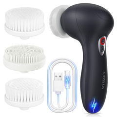 COSLUS Electric Facial Cleansing Brush Rechargeable w/ 3 Replaceable Heads Black