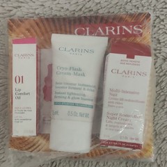 Clarins Travel Size Skin Care Set Lip Comfort Oil Cryo-Flash Mask Night Cream