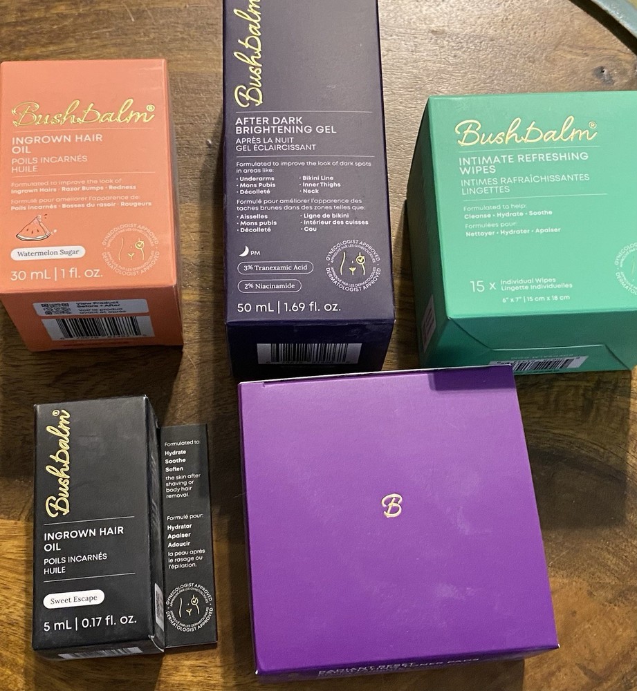 Bushbalm~FIVE Item Lot. Ingrown Hair Oil, Brightening Gel, Exfoliating Pads~NEW