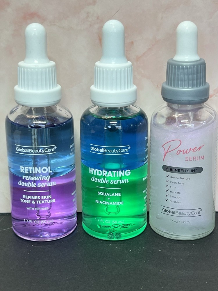 GLOBAL BEAUTY CARE Facial Serums Lot Of 3 RETINOL, HYDRATING and POWER SERUM