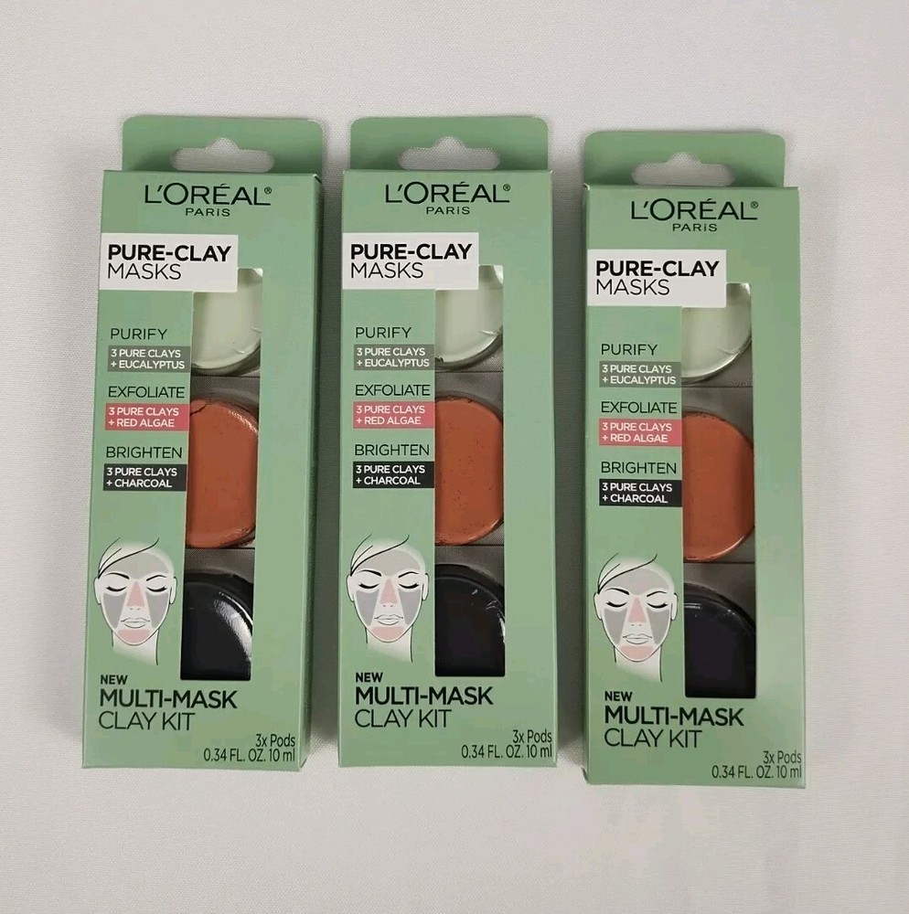 (3) Loreal Pure Clay Masks Multi-Mask Kit w/3 Pods – Purify Exfoliate Brighten