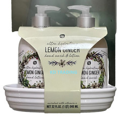 (2-Pk) SJ CREATIONS ~ LEMON GINGER Ultra Hydrating HAND SOAP & LOTION + Dish