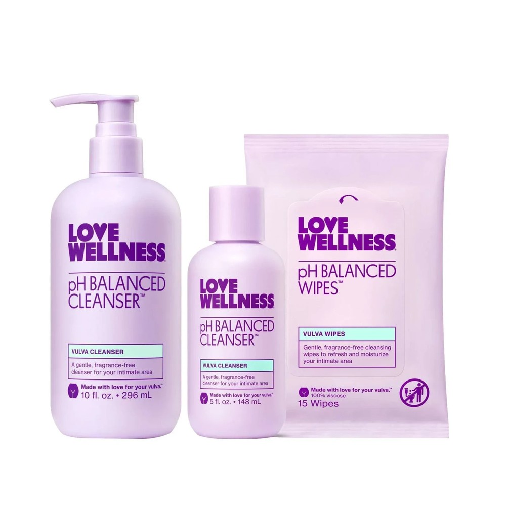 Love Wellness pH Balanced Cleanser and Wipes Bundle 3 Piece Set