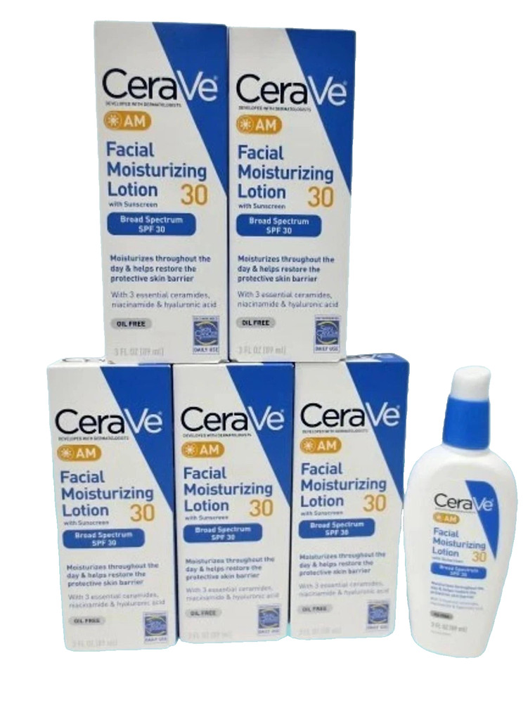 CERAVE AM FACIAL MOISTURIZING LOTION W/ SUNSCREEN SPF 30 3 OZ EXP: 2027 LOT OF 5