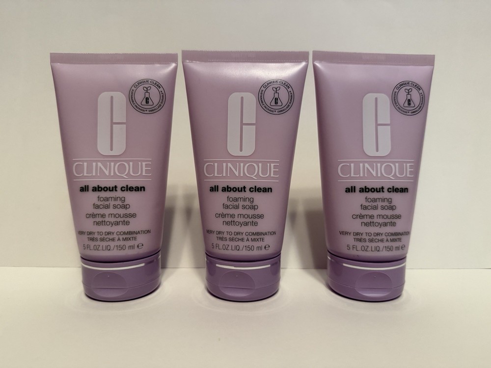 Lot of 3 – Clinique All About Clean Foaming Facial Soap Dry Combination Skin 5oz