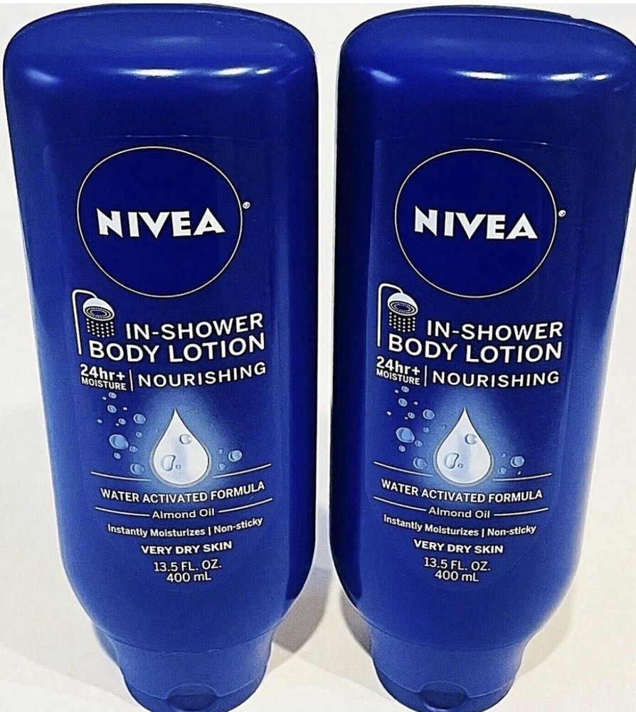 (2) NIVEA Nourishing In-Shower Body Lotion 13.5 oz/ea Water Activated Almond Oil