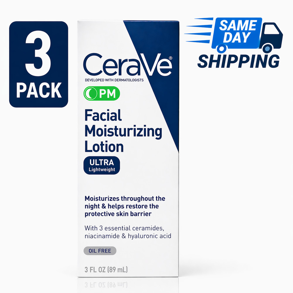 3 Pack CeraVe PM Facial Moisturizing Lotion with Hyaluronic Acid – 3oz