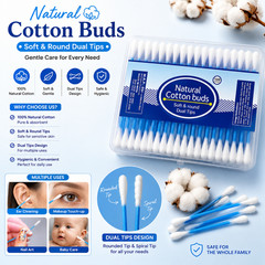 Natural Cotton Buds, Pure Cotton Swab 100 Soft And Round Dual Tips Applicators