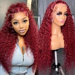 Human Hair Wig 30 Inch 13×6 Deep Wave Lace Front 99j Burgundy Bworto Wigs
