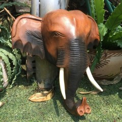 WOODEN ELEPHANT’S HEAD Thai Wood Carved Hanging Wall Home Decor Collectible Gift