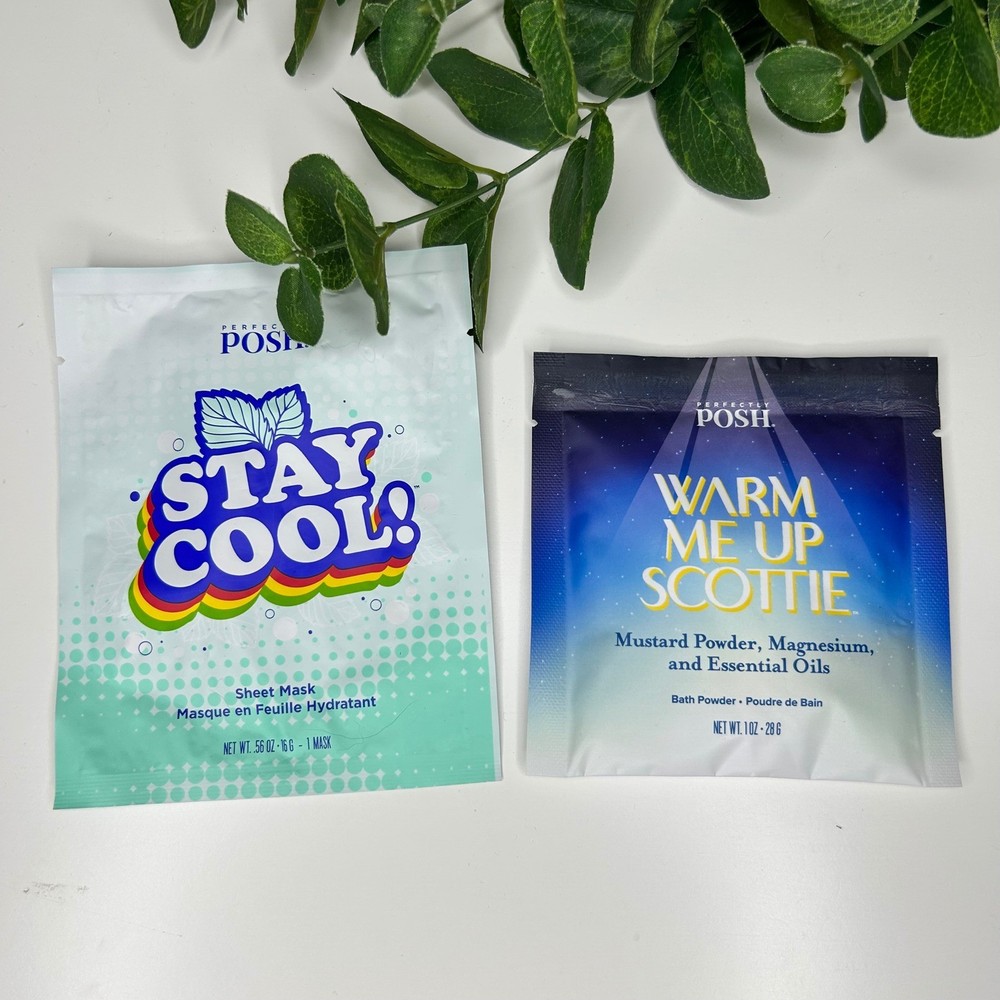 Perfectly Posh NWT Sheet Mask Stay Cool & Bath Powder Warm Me Up Scottie