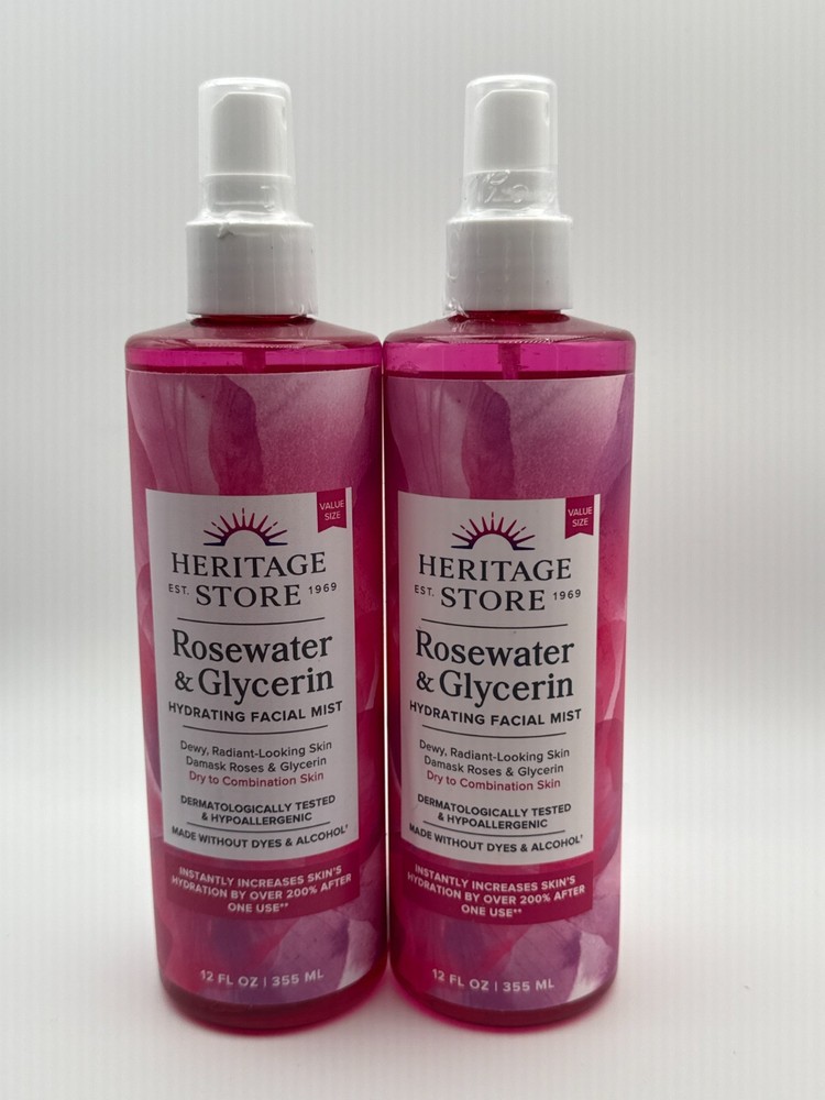 2 PACK Heritage Store Rosewater and Glycerin Hydrating Facial Mist 12oz