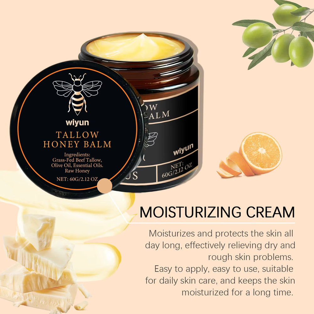 Grass Fed Beef Tallow Honey Balm Organic Raw Unscented Skin Moisturizer (3 pcs )