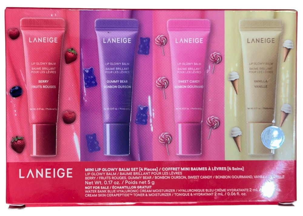 Laneige Mini Glowy Lip Balm Set 4pc x5g: Berry, Gummy Bear, Sweet Candy, Vanilla
