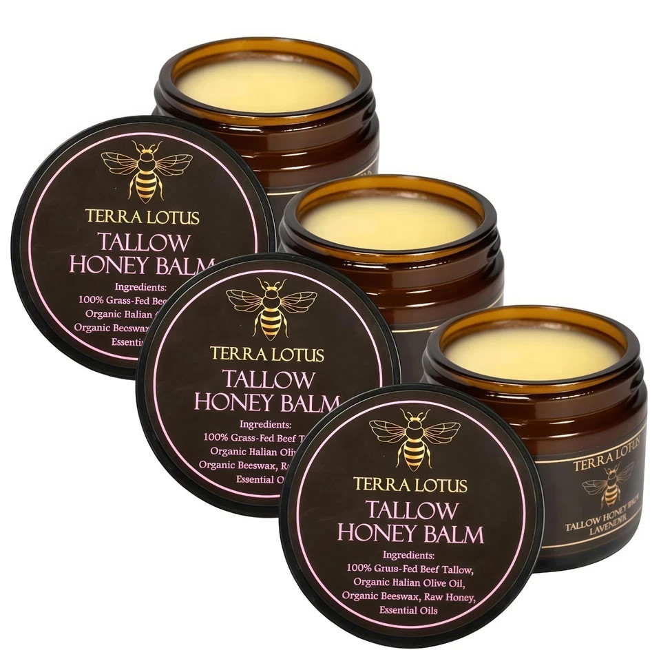 3PC Natural Grass-Fed Beef Tallow Balm with Raw Honey Lavender Skin Moisturizer