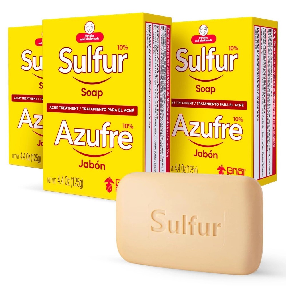 Grisi Sulfur Soap for Acne Pack of 3 Cleanses Reduces Inflammation and Breakouts