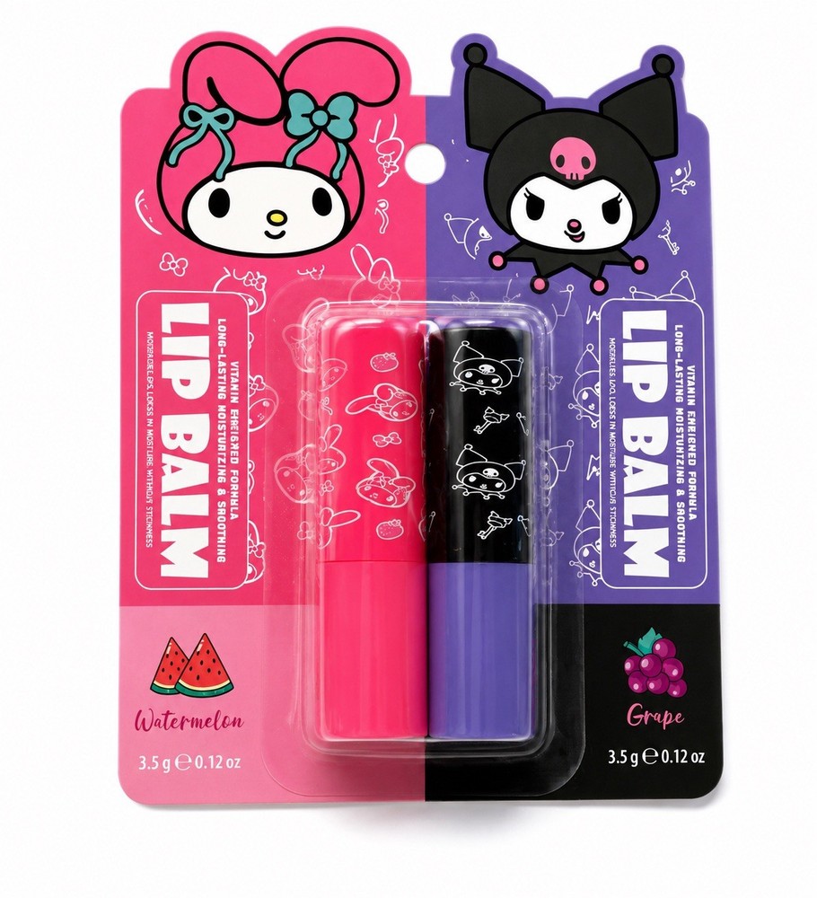 Sanrio My Melody & Kuromi Lip Balm Set Watermelon Grape Sealed Kawaii Gift (2)