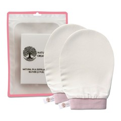 Vegan Silk Exfoliating Gloves Set (2 1 Count (Pack of 2), White and Pink