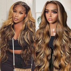 Lace Front Wig Human Hair 28 Inch 13X6 Body Wave 4/27 Highlight Sunelk Honey
