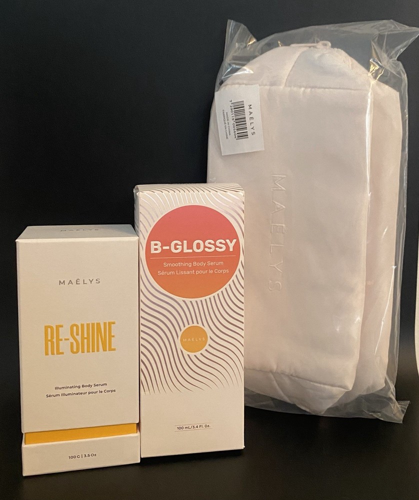 MAELYS Re-Shine B-Glossy Illuminating Smoothing Body Serums Plus Makeup Bag 3pc