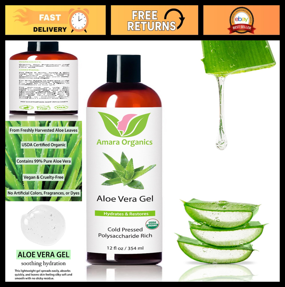 Organic Aloe Vera Gel – Soothing Skin & Face Moisturizer, After Sun Care, 12 oz