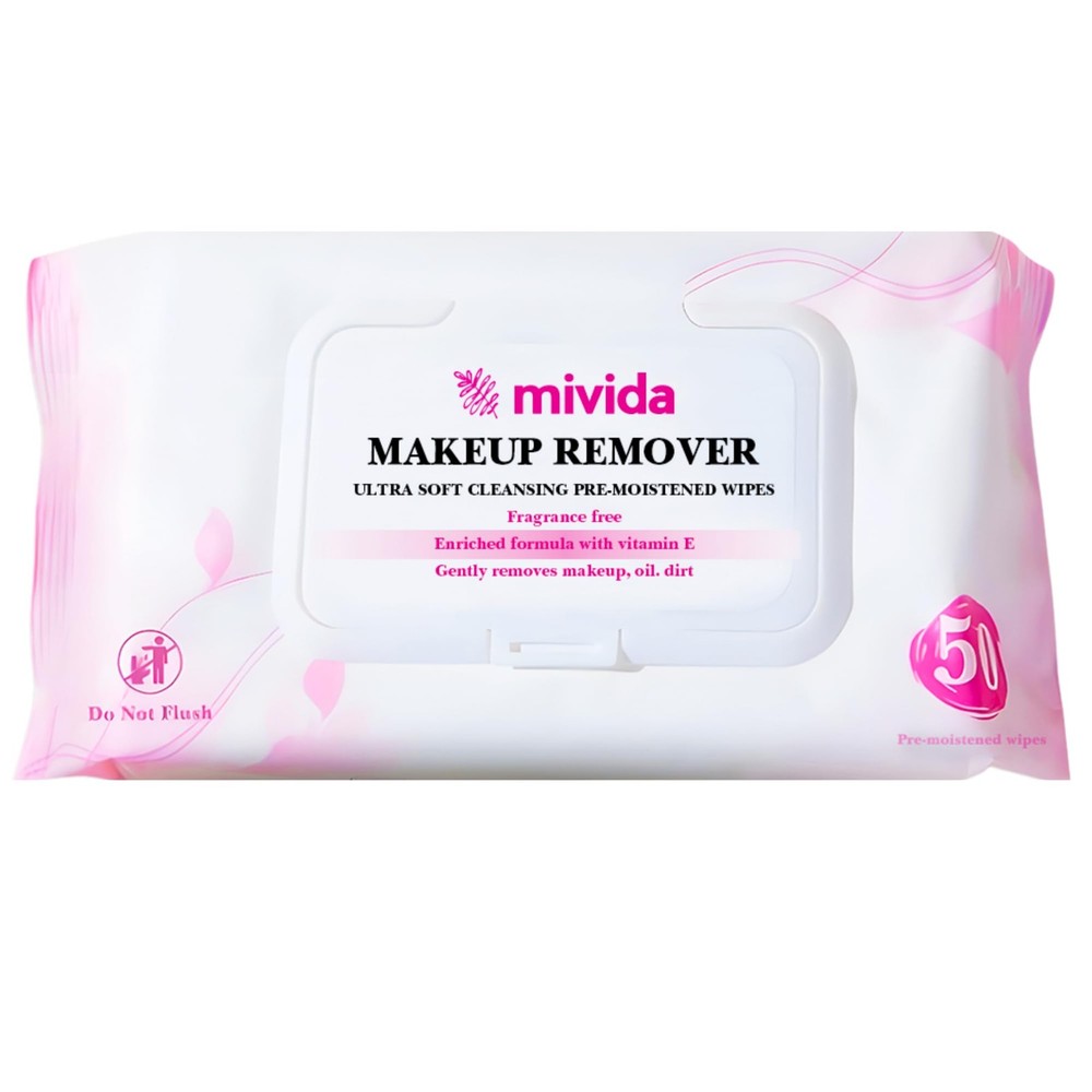 mivida Hypoallergenic Makeup Remover Wipes 50 Count (Pack of 1), Vitamin E