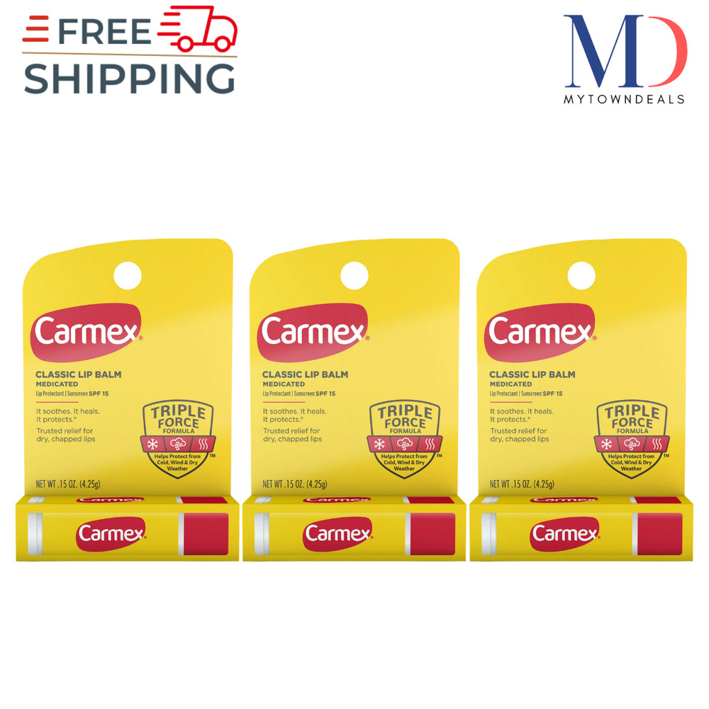 Carmex Original Classic Medicated Lip Balm Stick SPF 15, 0.15 oz – 3 Pack