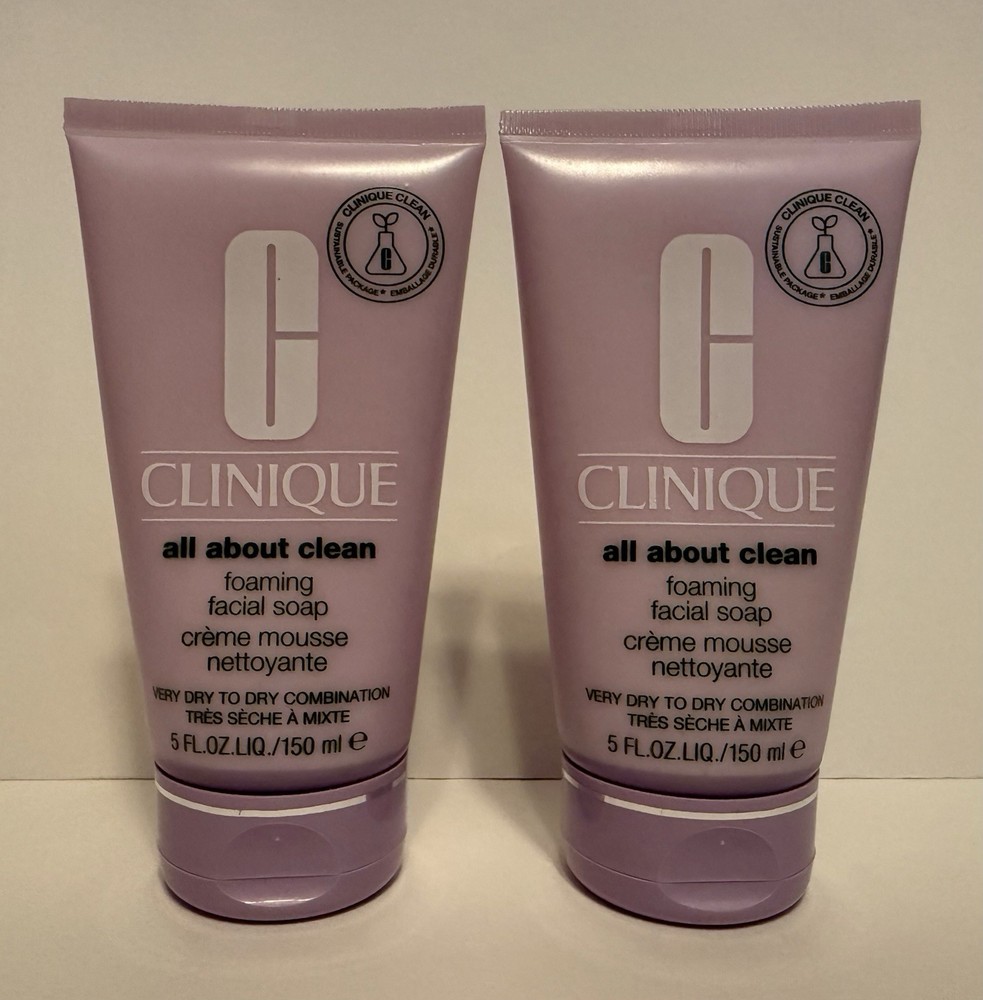 Lot of 2 – Clinique All About Clean Foaming Facial Soap Dry Combination Skin 5oz