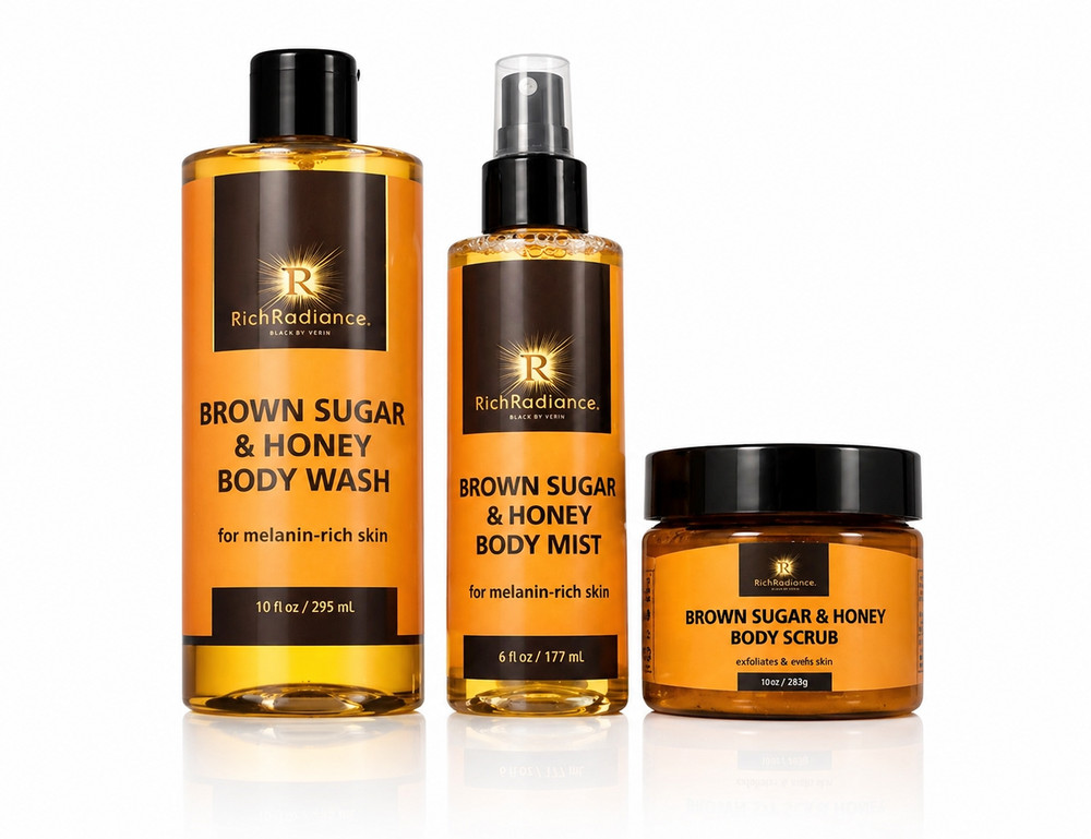 RichRadiance Brown Sugar Honey Body Wash Scrub Mist Set 3 Pc Hydrating Glow