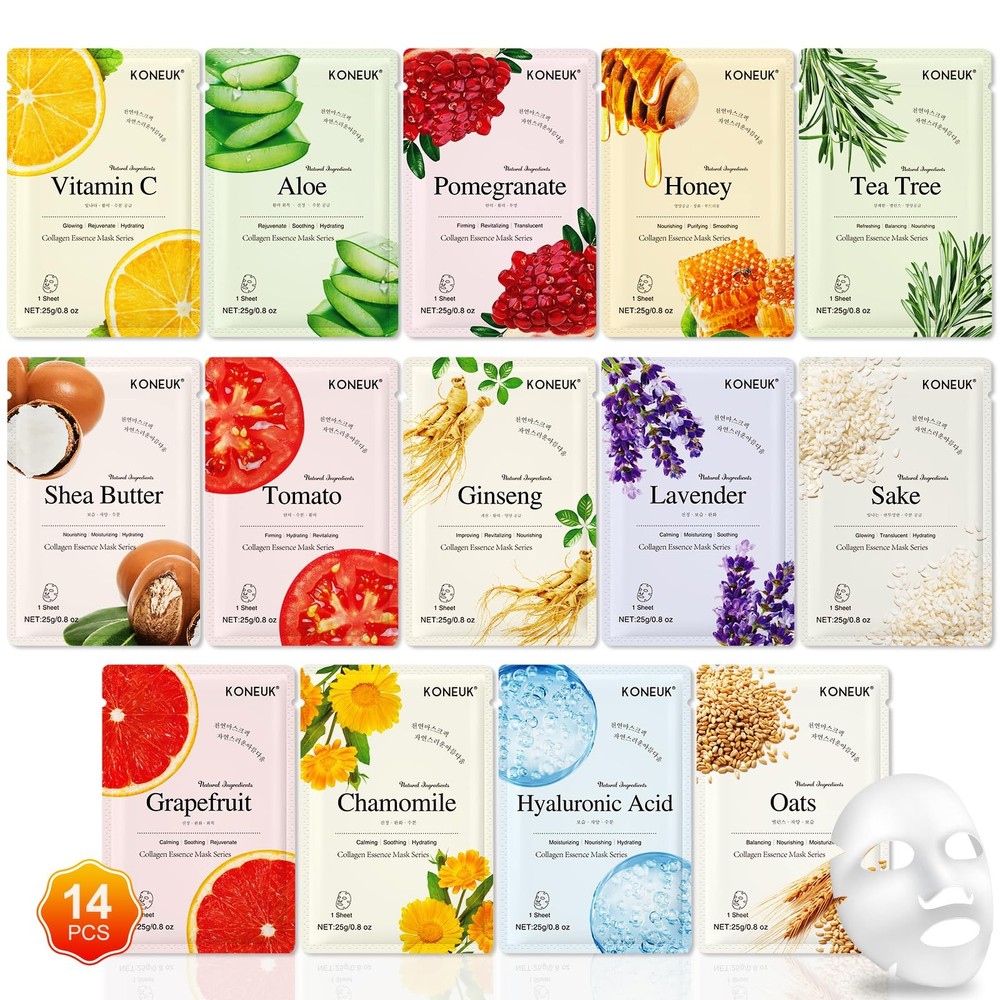 KONEUK 14 Pack Sheet Face Masks Skincare, Hydrating 1 Count (Pack of 14)