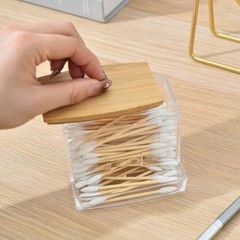 Cotton Swab Storage Box Double Head Wood Baby Cotton Swabs Transparent Square Ba