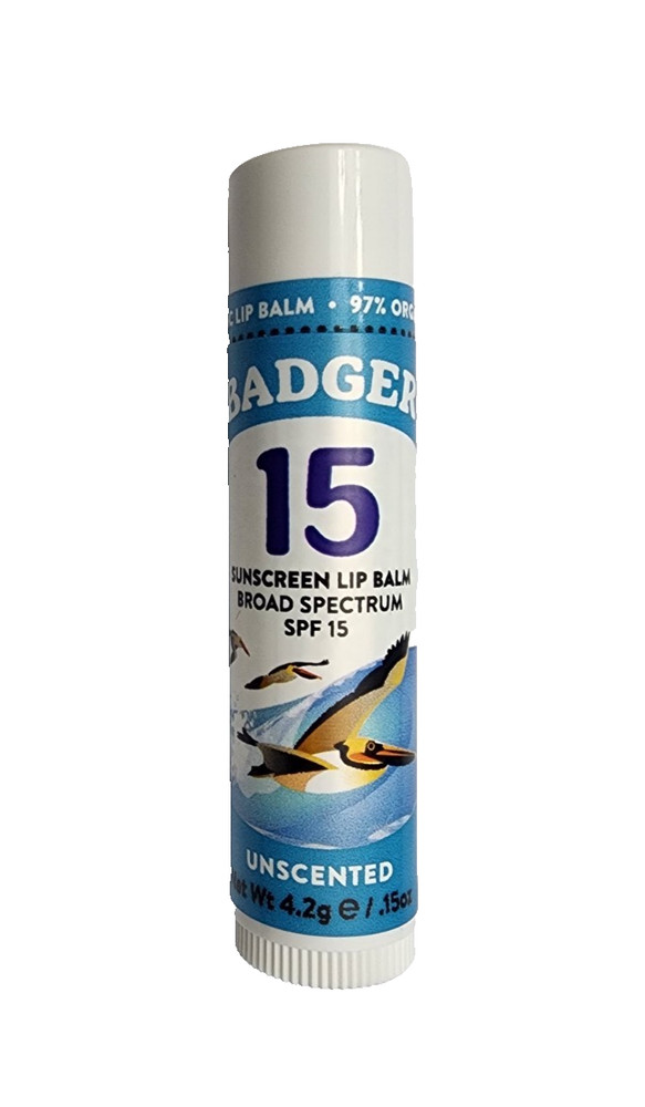 Badger Mineral Sunscreen Lip Balm SPF 15, Unscented Broad Spectrum .15 oz