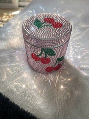 Cherry Crystal Rhinestone Shiny Bedazzled Jar Body Cream Reusable Container Box