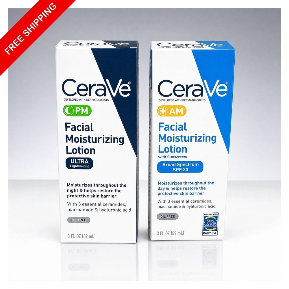 CeraVe AM/PM Facial Moisturizing Lotion Skin Care Set Ultra Lightweight 3oz New
