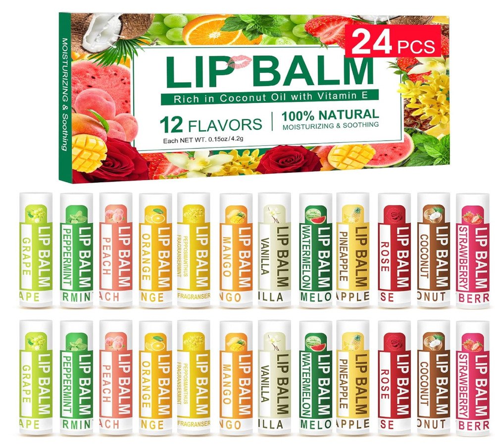 24 Pack Lip Balm, Natural Lip Balm Bulk with Vitamin E and Coconut Oil, Lip Care