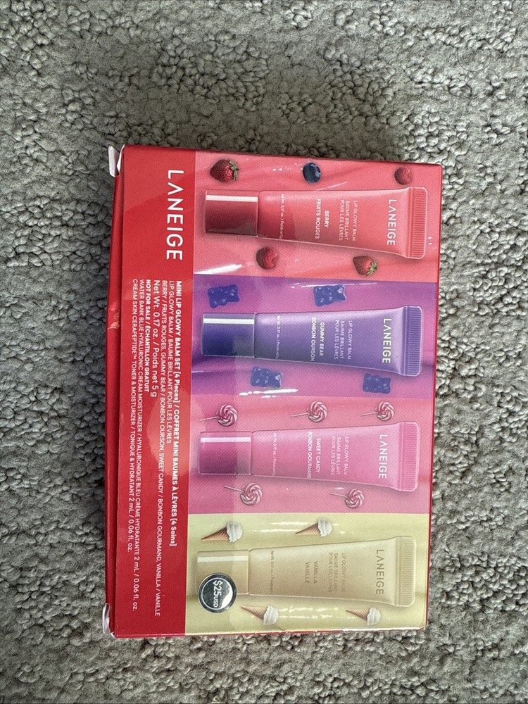 Laneige 4-Piece Mini Lip Glowy Balm Set~NIB Berry, Gummy Bear,candy & Vanilla