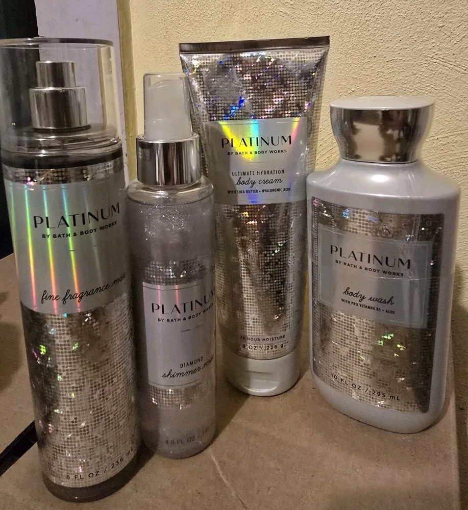 LOT 4 Bath & Body Works PLATINUM 💎 Cream, Body Wash, Mist, & Shimmer FULL SIZE