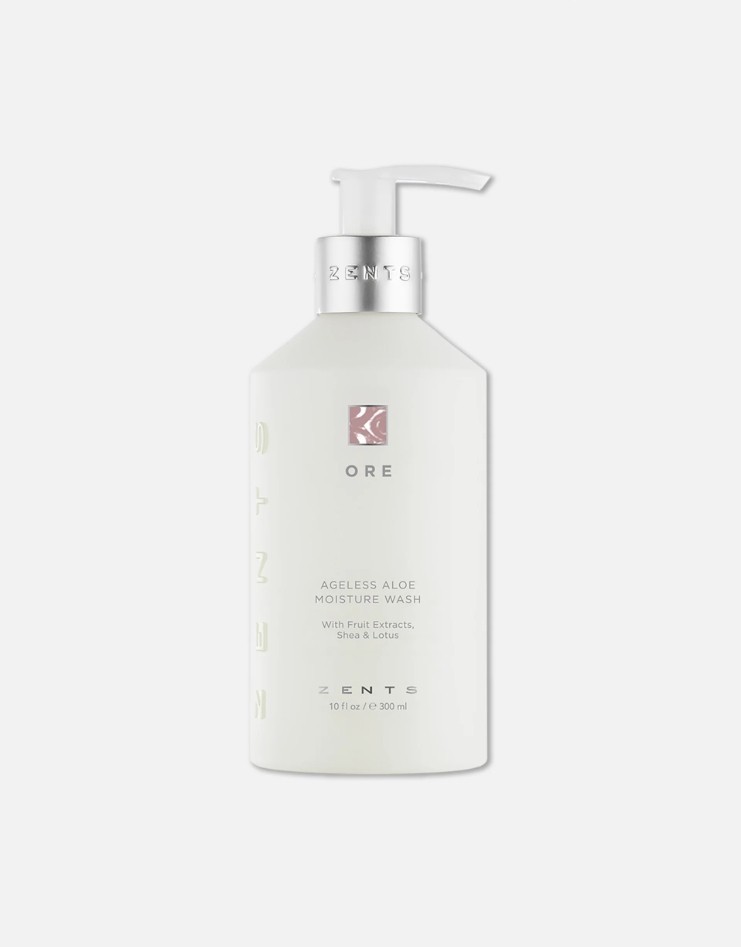 Ore Ageless Aloe Moisture Wash-exfoliating sugar cane and apple extracts.