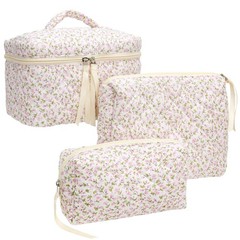 Makeup Bag 3 Piece Set Large Travel Quilted Zipper Floral Pink 3PCS Soft Case