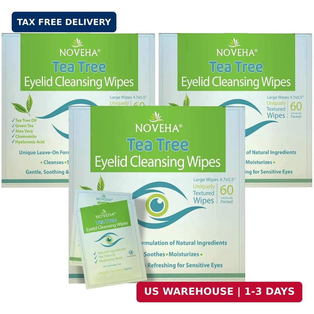 NOVEHA 180PCs Tea Tree Oil Eyelid & Lash Wipes With Hyaluronic Acid, Green Tea &